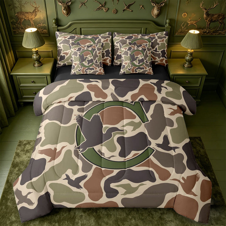 meiyoeat Camouflage Hunting Monogram C 7 Pieces Full Size Bedding Sets For Boys,Rustic Farmhouse Mallard Full Size Bed in a Bag,Black Reversible