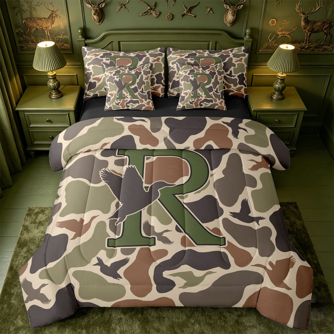 meiyoeat Hunting Themed Initial Letter R 7 Pieces Full Size Bedding Sets For Boys,Rustic Farmhouse Camo Duck Full Size Bed in a Bag,Black Reversible