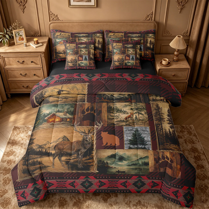 meiyoeat Rustic Cabin Deer 7-Piece King Bedding,Jungle Wildlife King Bed in a Bag For Men Women,Black Reversible