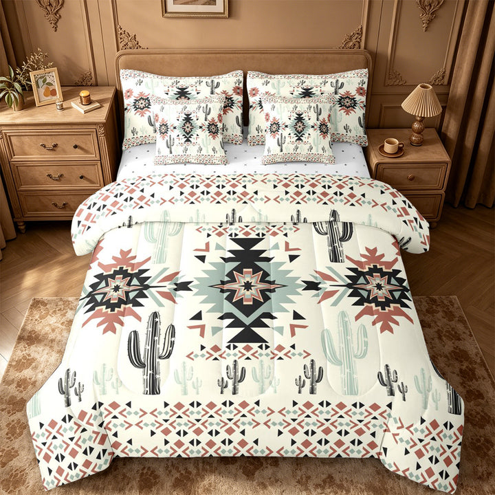 meiyoeat Rustic Western Aztec Print 7-Piece King Bedding For Adults,Desert Botanical Cactus King Bed in a Bag For Men Women,Reversible