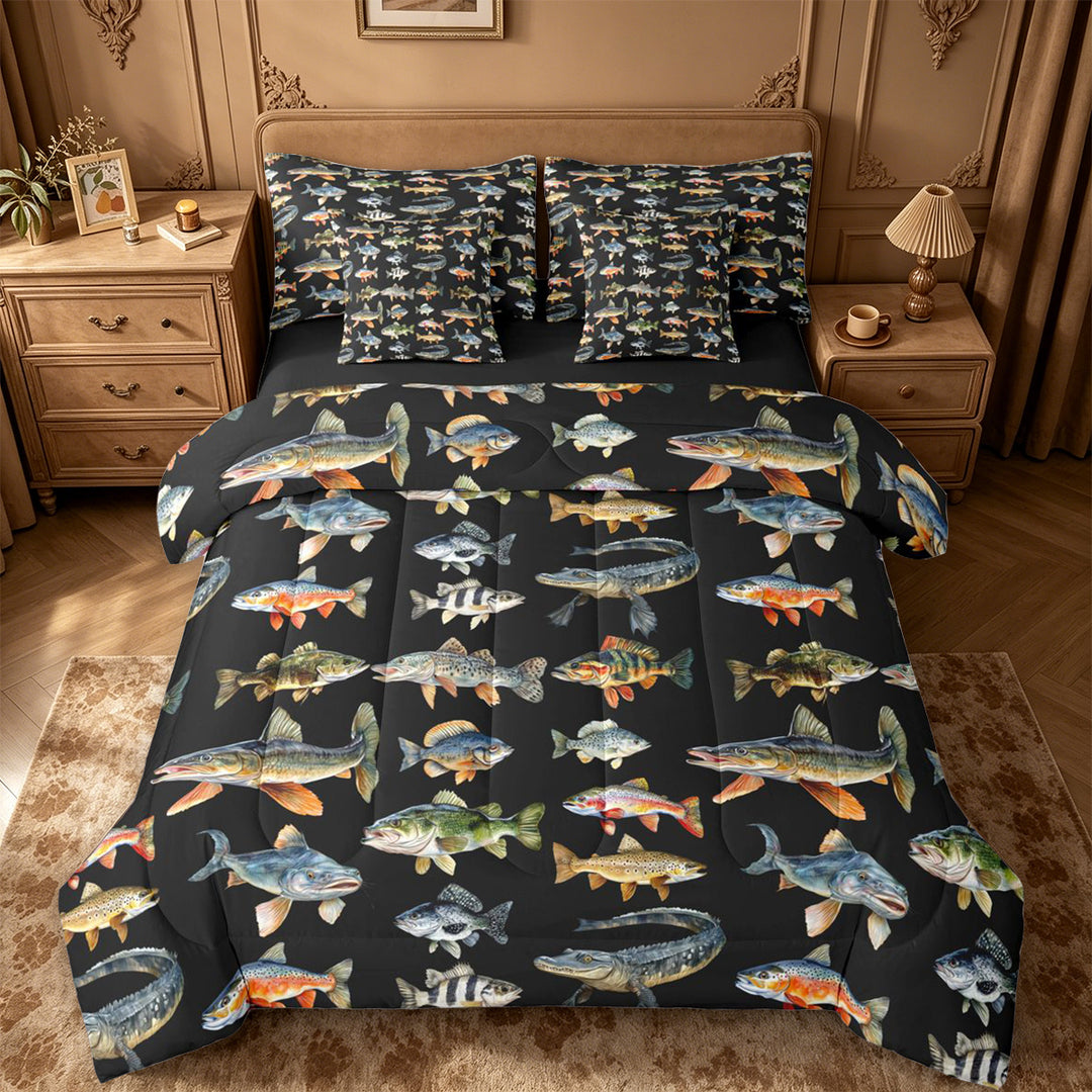 meiyoeat Cute Pike Fish 7 Pieces Full Size Bedding Sets For Boys,Black Watercolor Print Full Size Bed in a Bag Kids,Black Reversible