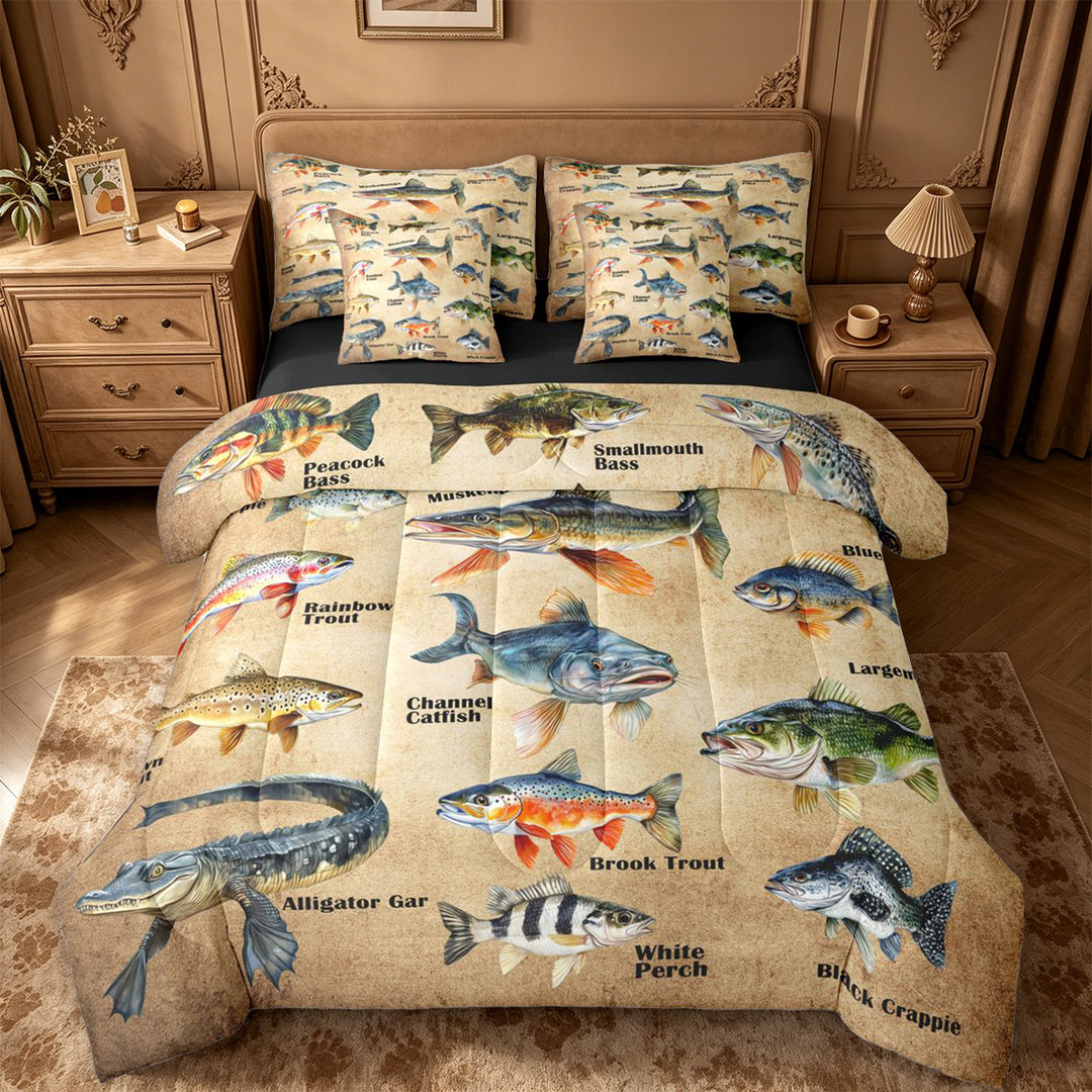 meiyoeat Vintage Pike Fish 7 Pieces Full Size Bedding Sets For Kids Boys,Rustic Farmhouse Hunting Full Size Bed in a Bag Men,Black Reversible