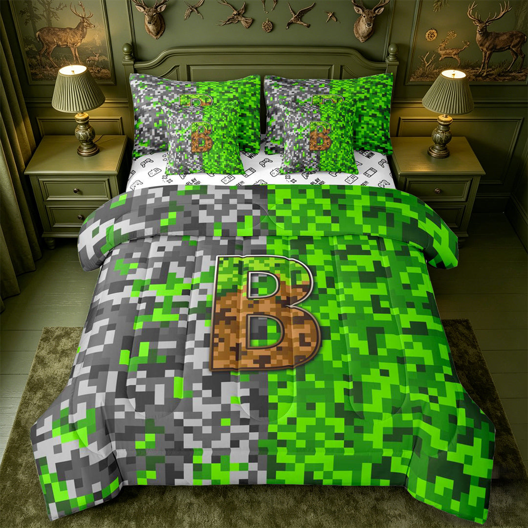 meiyoeat Retro Pixel Gamer Print 7 Pieces Full Size Bedding Sets For Boys,Personalized Initial Letter B Full Size Bed in a Bag,Reversible