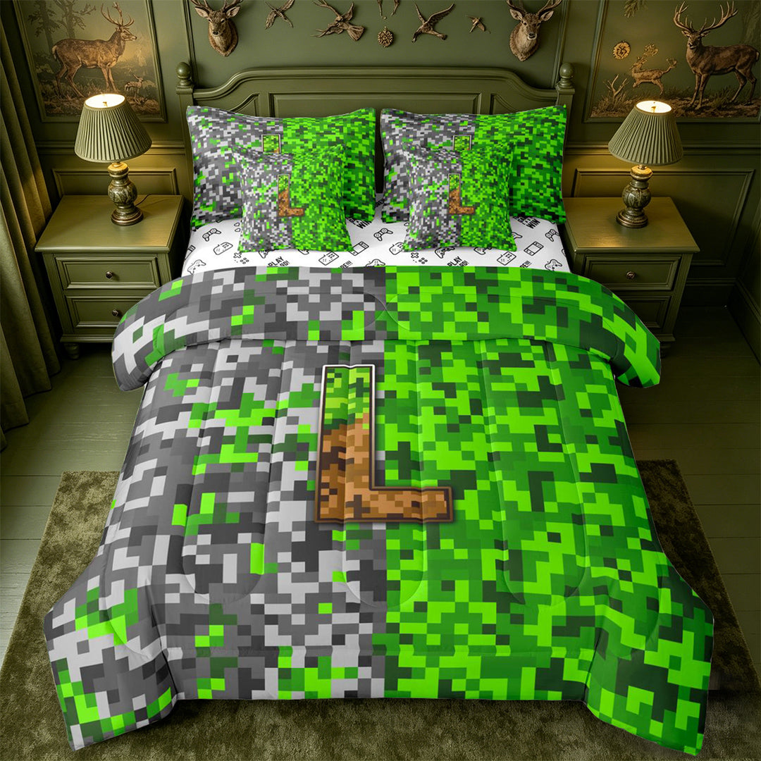 meiyoeat Teens Video Games 7 Pieces Full Size Bedding Sets For Boys,Pixel Miner Theme Initial Latter L Full Size Bed in a Bag,Reversible