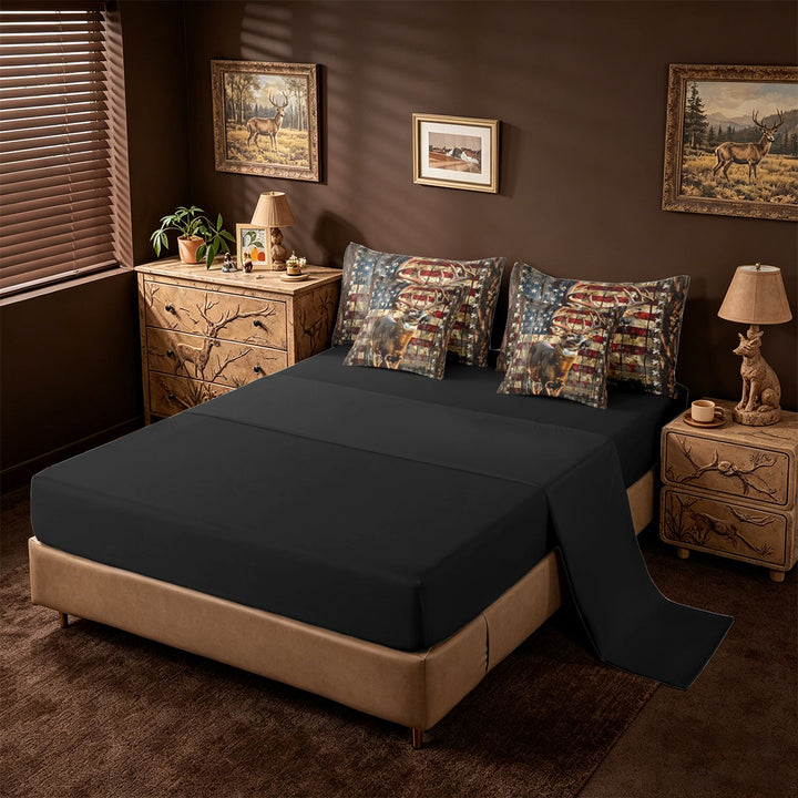 meiyoeat Vintage Flag Deer 7-Piece King Bedding, Rustic Hunting Print King Bed in a Bag For Boys,Black Reversible