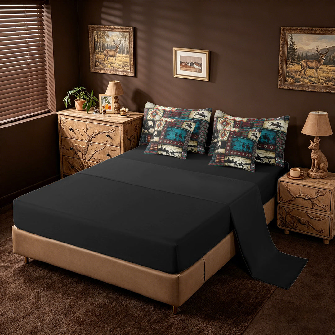 meiyoeat Western Cowboy Horse 7-Piece King Bedding,Vintage Aztec Geometric Print King Bed in a Bag For Adult,Black Reversible