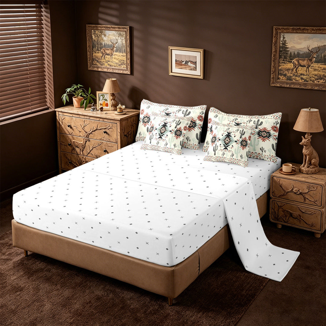 meiyoeat Rustic Western Aztec Print 7-Piece King Bedding For Adults,Desert Botanical Cactus King Bed in a Bag For Men Women,Reversible
