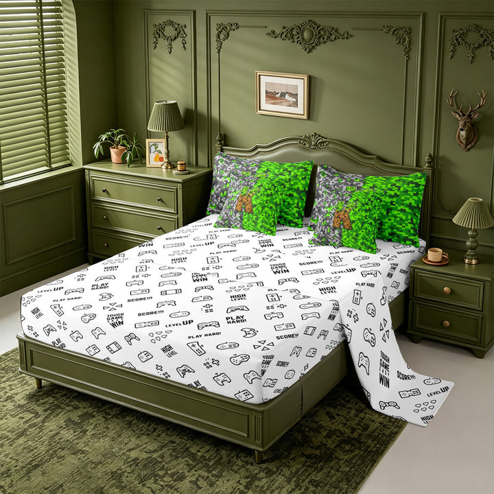 meiyoeat Miners Video Game 7 Pieces Full Size Bedding Sets For Boys,Green Gray Pixelated Check Letter K Full Size Bed in a Bag,Reversible