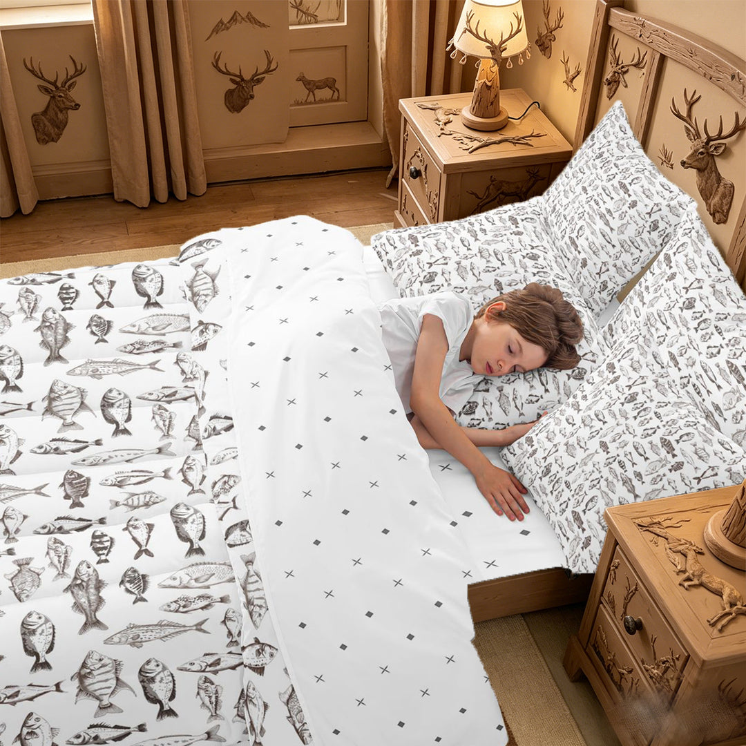 meiyoeat Minimal Fish Sketch 7 Pieces Full Size Bedding Sets For Kids,Wild Pike Full Size Bed in a Bag For Boys,Reversible