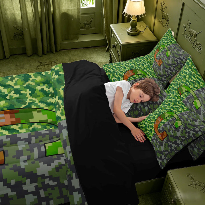 meiyoeat Pixel Game Monogrammed G 7 Pieces Full Size Bedding Sets For Boys,Abstract Geometric Grid Camouflage Print Full Size Bed in a Bag,Black Reversible