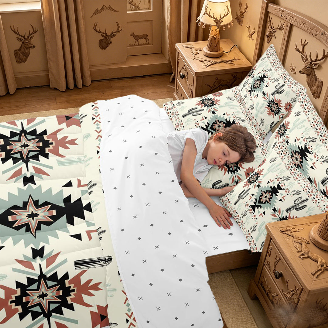 meiyoeat Rustic Western Aztec Print 7-Piece King Bedding For Adults,Desert Botanical Cactus King Bed in a Bag For Men Women,Reversible