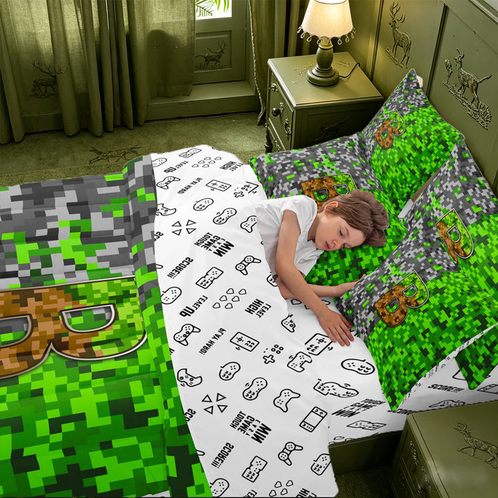 meiyoeat Retro Pixel Gamer Print 7 Pieces Full Size Bedding Sets For Boys,Personalized Initial Letter B Full Size Bed in a Bag,Reversible