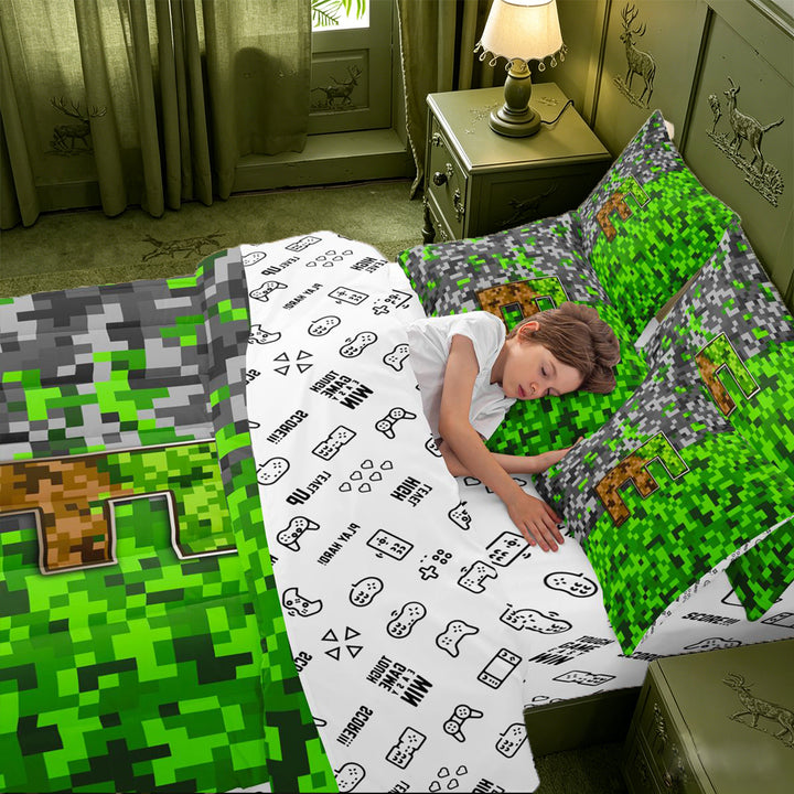 meiyoeat Pixel Adventure Game Print 7 Pieces Full Size Bedding Sets For Boys,Personalized Initial Letter E Full Size Bed in a Bag,Reversible
