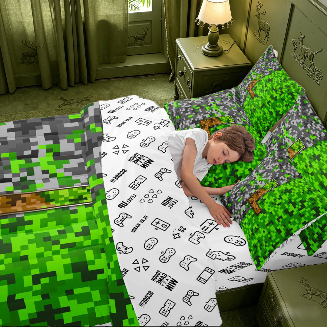 meiyoeat Teens Video Games 7 Pieces Full Size Bedding Sets For Boys,Pixel Miner Theme Initial Latter L Full Size Bed in a Bag,Reversible