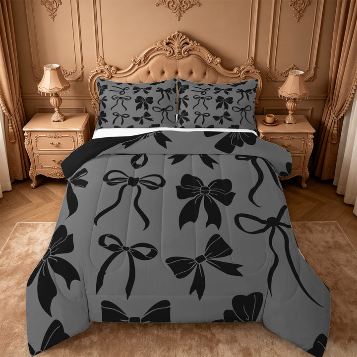 meiyoeat Black Bow Full Size Comforter Sets For Girls,Cute Coquette Bowknot Bedding Comforter Set For Kids,Black Reversible,3-Piece