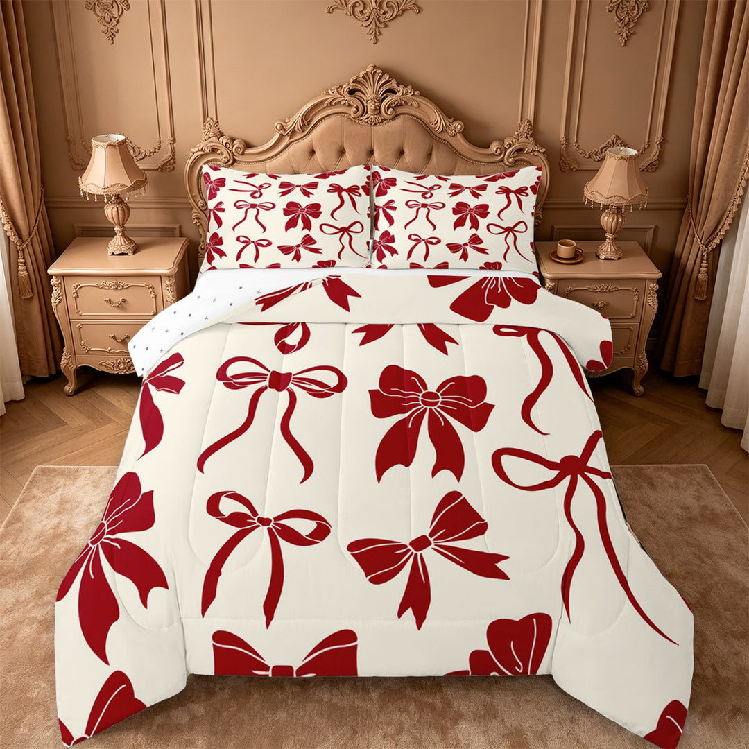 meiyoeat Red Ribbon Bowknot Full Size Comforter Sets For Girls,Fashion Coquette Bows Bedding Comforter Set For Kids,Reversible,3 Pieces