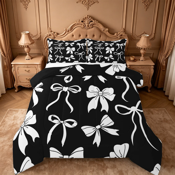 meiyoeat Cute Ribbon Bows Full Size Comforter Sets For Girls,White Coquette Bowtie Bedding Comforter Set For Kids,Black Reversible,3pcs