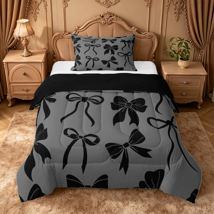 meiyoeat Black Bow Full Size Comforter Sets For Girls,Cute Coquette Bowknot Bedding Comforter Set For Kids,Black Reversible,3-Piece