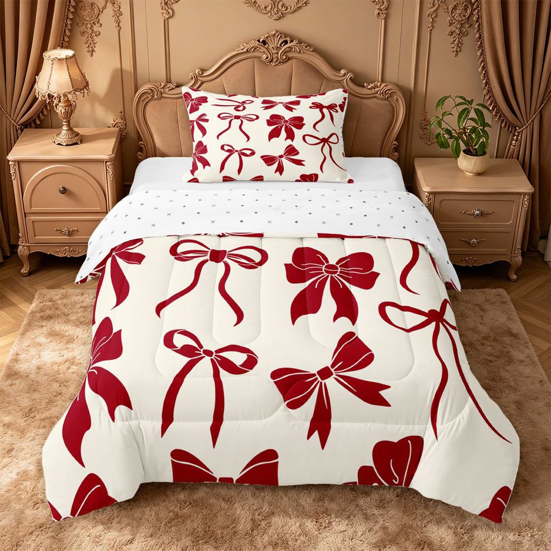meiyoeat Red Ribbon Bowknot Full Size Comforter Sets For Girls,Fashion Coquette Bows Bedding Comforter Set For Kids,Reversible,3 Pieces