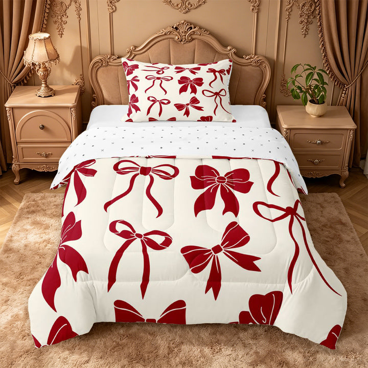meiyoeat Red Ribbon Bowknot Full Size Comforter Sets For Girls,Fashion Coquette Bows Bedding Comforter Set For Kids,Reversible,3 Pieces