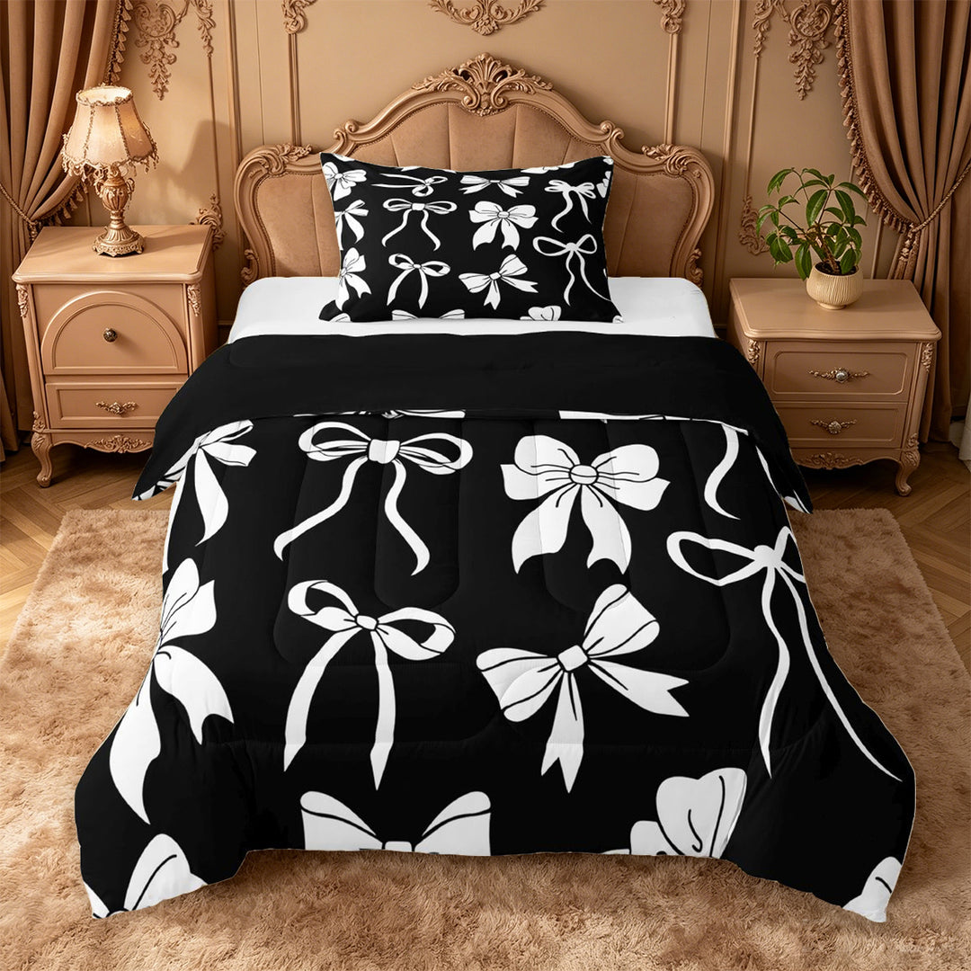 meiyoeat Cute Ribbon Bows Full Size Comforter Sets For Girls,White Coquette Bowtie Bedding Comforter Set For Kids,Black Reversible,3pcs