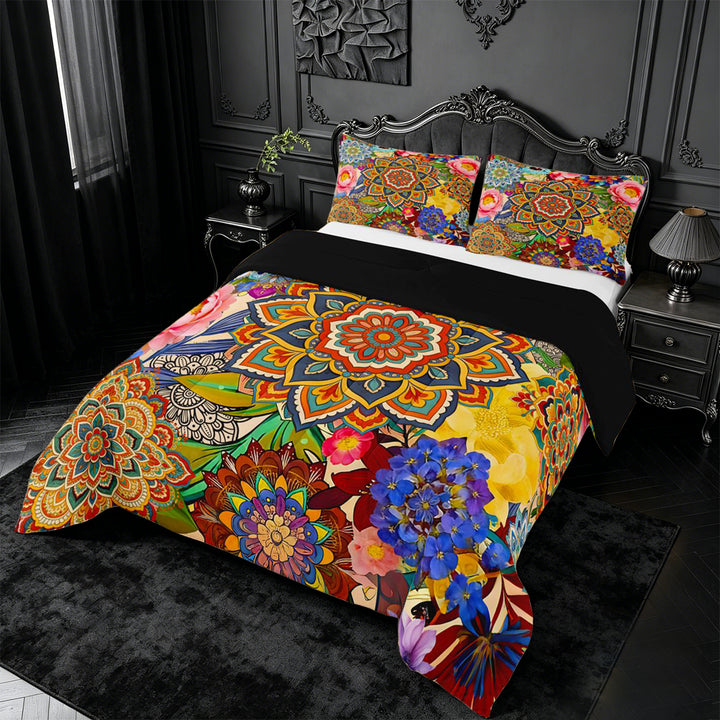 meiyoeat bohemian Mandala King Size Comforter Sets,Colorful Boho Flowers Pattern Comforters King Size,Black Reversible,3 Pieces,1 Comforter and 2 Pillowcases