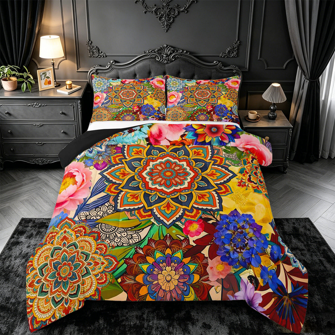 meiyoeat bohemian Mandala King Size Comforter Sets,Colorful Boho Flowers Pattern Comforters King Size,Black Reversible,3 Pieces,1 Comforter and 2 Pillowcases