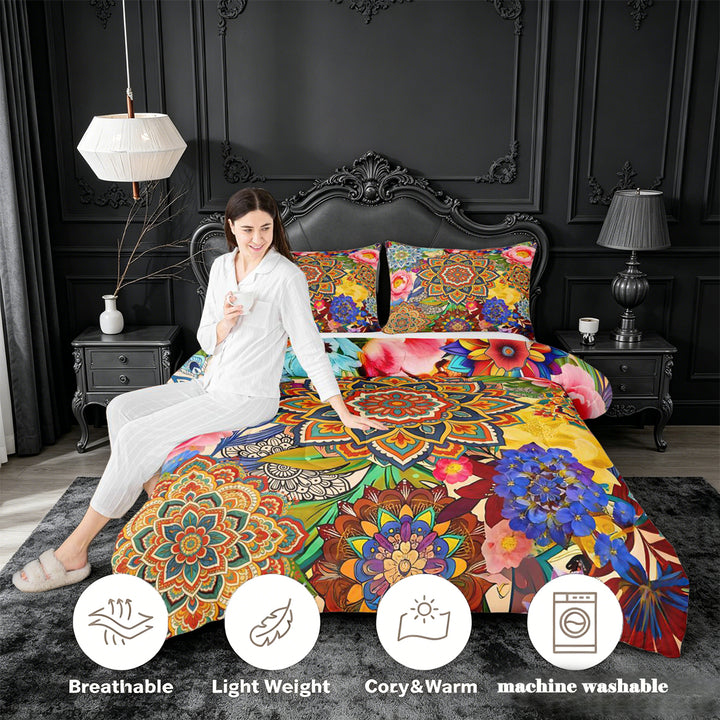 meiyoeat bohemian Mandala King Size Comforter Sets,Colorful Boho Flowers Pattern Comforters King Size,Black Reversible,3 Pieces,1 Comforter and 2 Pillowcases