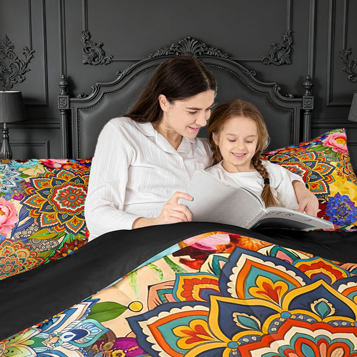 meiyoeat bohemian Mandala King Size Comforter Sets,Colorful Boho Flowers Pattern Comforters King Size,Black Reversible,3 Pieces,1 Comforter and 2 Pillowcases