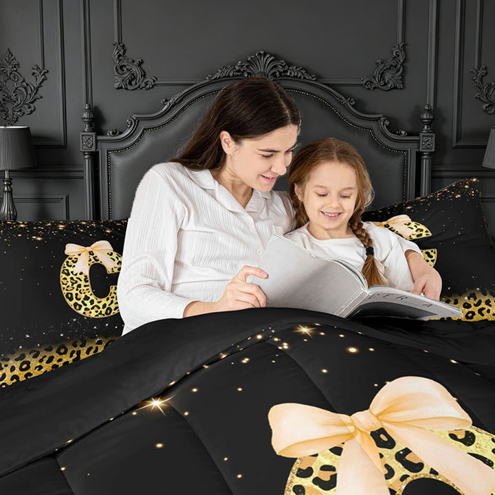 meiyoeat Leopard Bow Monogram C 7 Pieces Full Size Bedding Sets,Chic Glitter Print Letter Design Full Size Bed in a Bag For Girl,Black Reversible