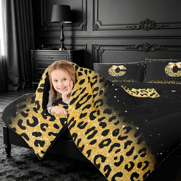 meiyoeat Leopard Bow Monogram C 7 Pieces Full Size Bedding Sets,Chic Glitter Print Letter Design Full Size Bed in a Bag For Girl,Black Reversible