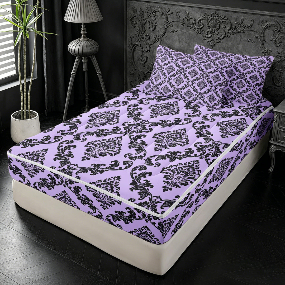 meiyoeat Royal Damask Zipper Full Size Comforter Sets with Fitted Sheet and 2 Pillowcases,For Girls,Elegant Pattern Zipper Bedding Set For Girl,Reversible,4-Piece
