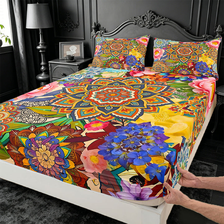 meiyoeat bohemian Mandala King Sheets,Colorful Boho Flowers Pattern Bedding,4 Pieces,1 Flat Sheet,1 Fitted Sheet and 2 Pillowcases