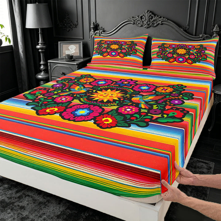 meiyoeat Colorful Fiesta King Sheets,Men Women,Folk Print Bedding For Men Women,4-Piece,1 Flat Sheet,1 Fitted Sheet and 2 Pillowcases