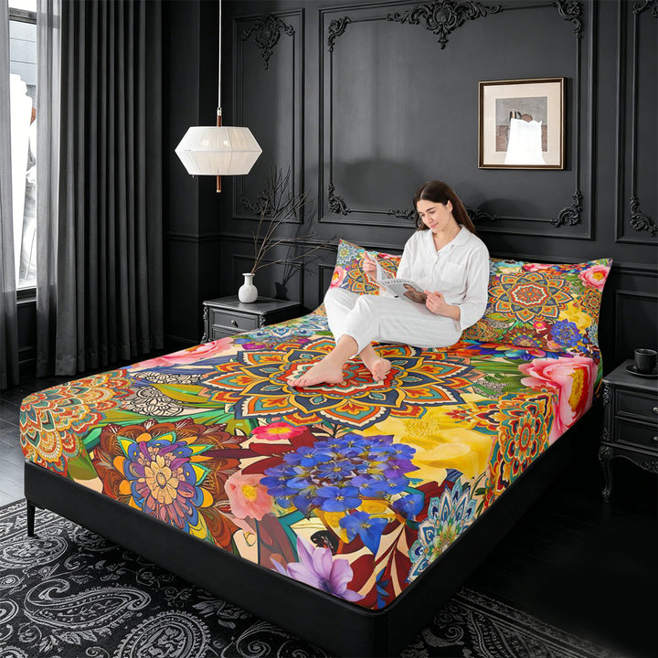 meiyoeat bohemian Mandala King Sheets,Colorful Boho Flowers Pattern Bedding,4 Pieces,1 Flat Sheet,1 Fitted Sheet and 2 Pillowcases