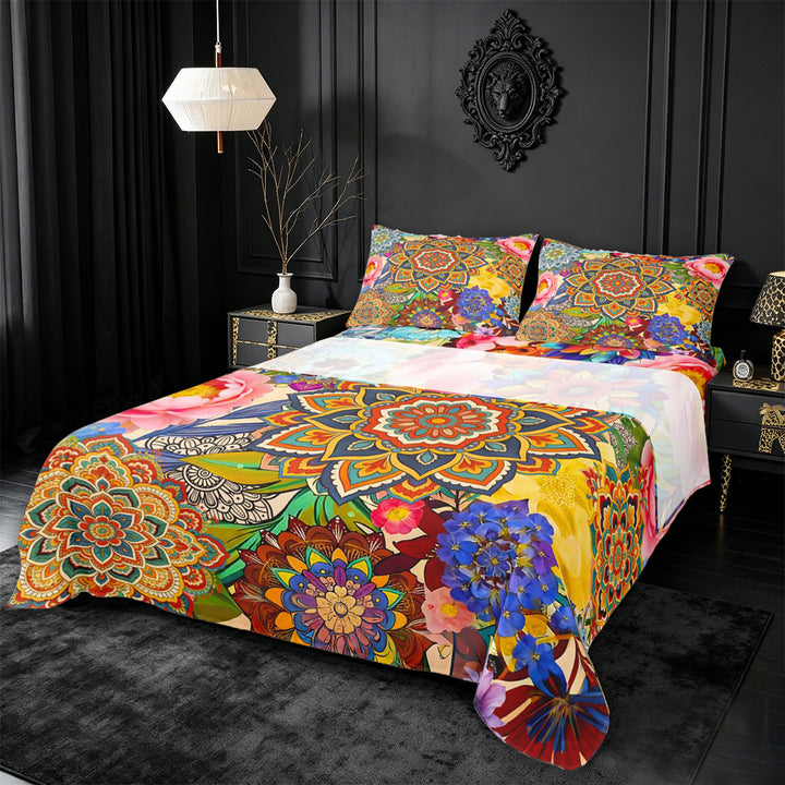 meiyoeat bohemian Mandala King Sheets,Colorful Boho Flowers Pattern Bedding,4 Pieces,1 Flat Sheet,1 Fitted Sheet and 2 Pillowcases