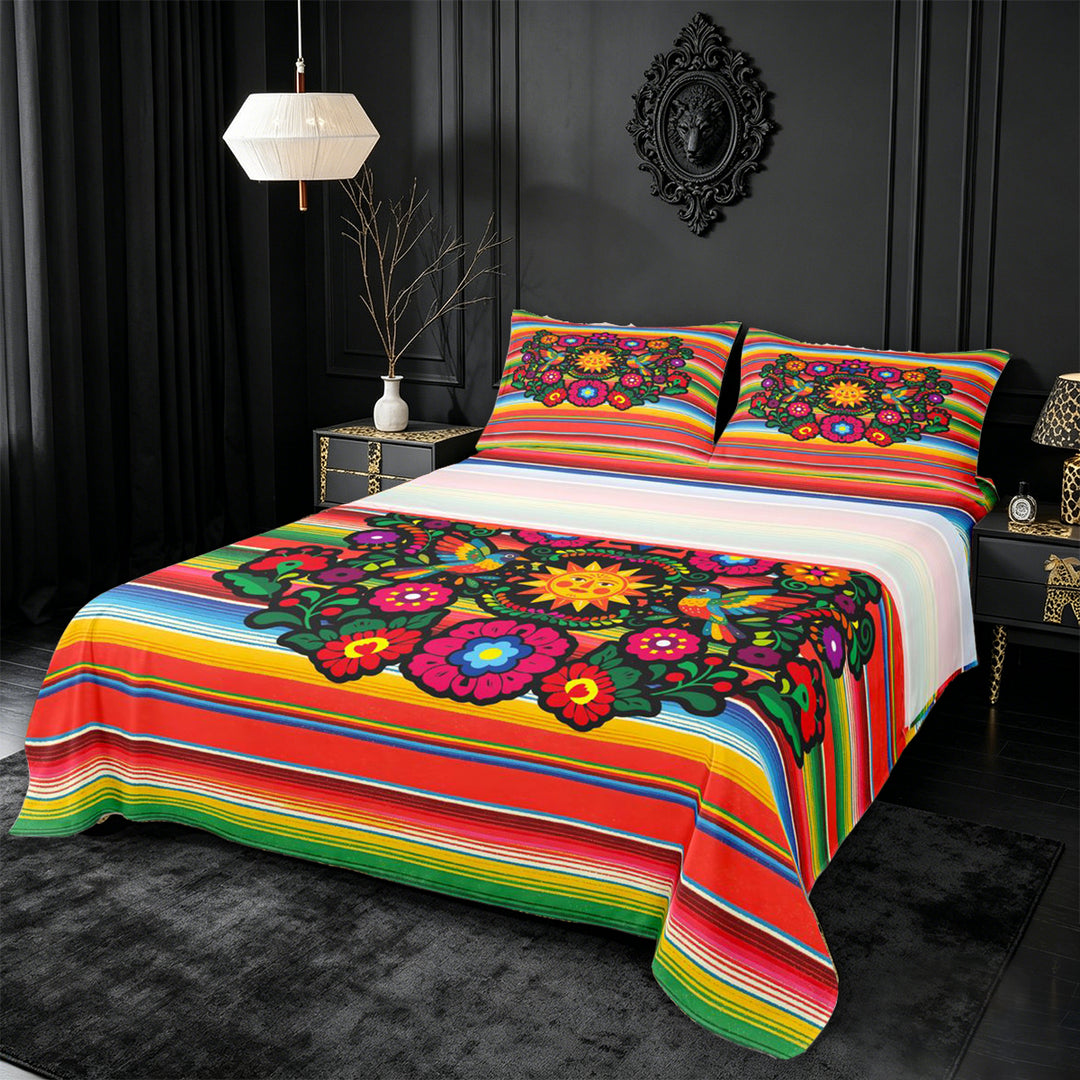 meiyoeat Colorful Fiesta King Sheets,Men Women,Folk Print Bedding For Men Women,4-Piece,1 Flat Sheet,1 Fitted Sheet and 2 Pillowcases