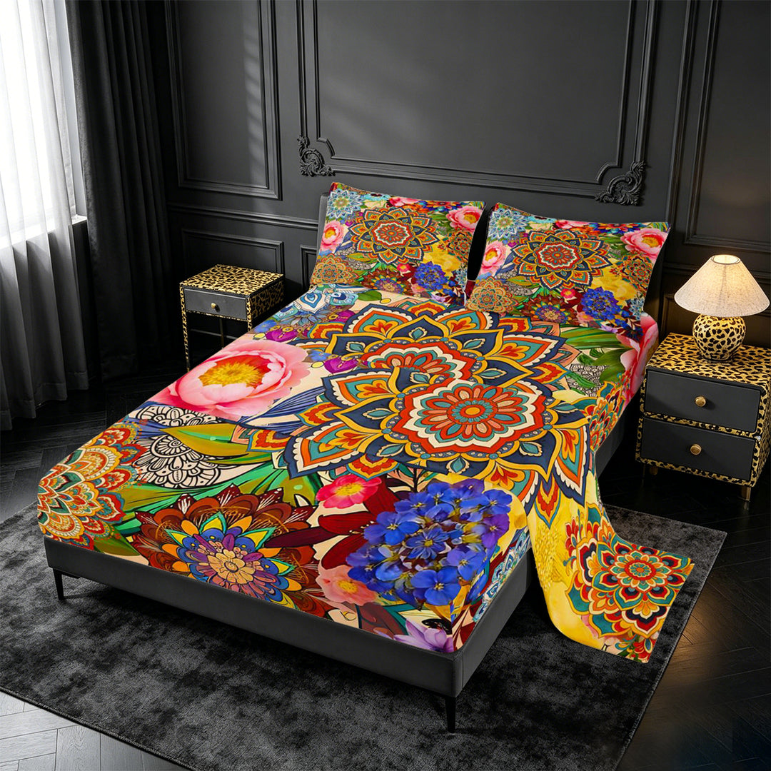 meiyoeat bohemian Mandala King Sheets,Colorful Boho Flowers Pattern Bedding,4 Pieces,1 Flat Sheet,1 Fitted Sheet and 2 Pillowcases