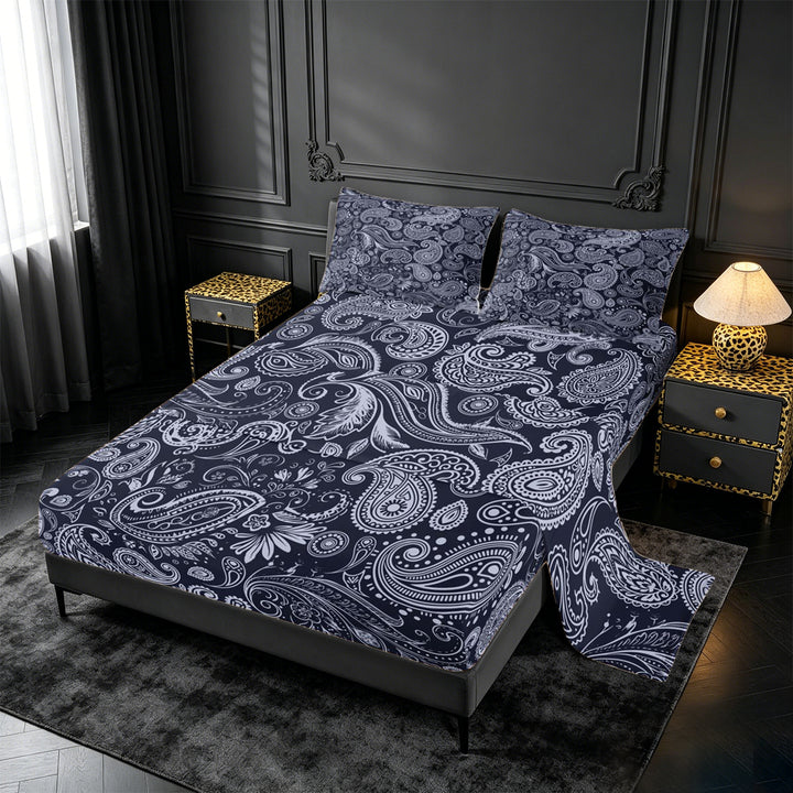 meiyoeat Navy Paisley King Sheets,Vintage Print Bedding For Men Women,4pcs,1 Flat Sheet,1 Fitted Sheet and 2 Pillowcases