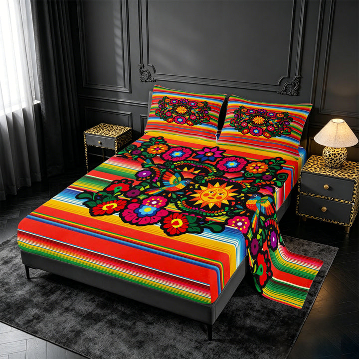 meiyoeat Colorful Fiesta King Sheets,Men Women,Folk Print Bedding For Men Women,4-Piece,1 Flat Sheet,1 Fitted Sheet and 2 Pillowcases