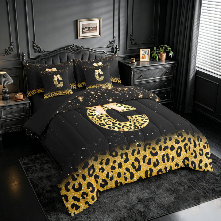 meiyoeat Leopard Bow Monogram C 7 Pieces Full Size Bedding Sets,Chic Glitter Print Letter Design Full Size Bed in a Bag For Girl,Black Reversible
