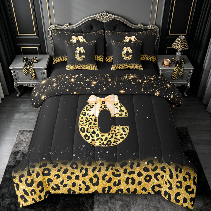 meiyoeat Leopard Bow Monogram C 7 Pieces Full Size Bedding Sets,Chic Glitter Print Letter Design Full Size Bed in a Bag For Girl,Black Reversible
