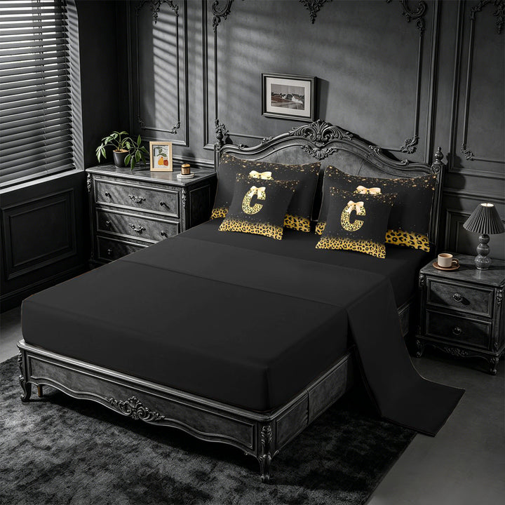 meiyoeat Leopard Bow Monogram C 7 Pieces Full Size Bedding Sets,Chic Glitter Print Letter Design Full Size Bed in a Bag For Girl,Black Reversible