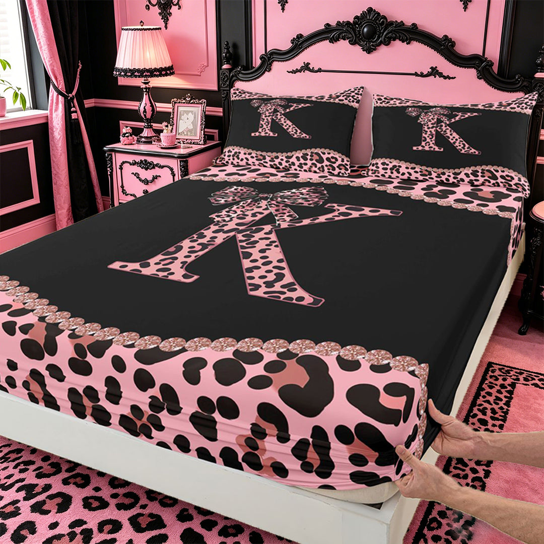 meiyoeat Classic Cheetah Print Full Size Sheets For Kids,Pink Bow Initial Letter K Bed Sheets For Girls,4pcs
