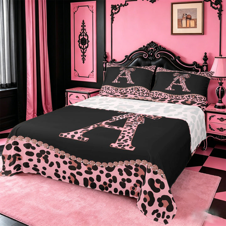 meiyoeat Pink Leopard Print Full Size Sheets For Girls,Chic Cheetah Bow Monogram A Bed Sheets For Kids,4 Pieces