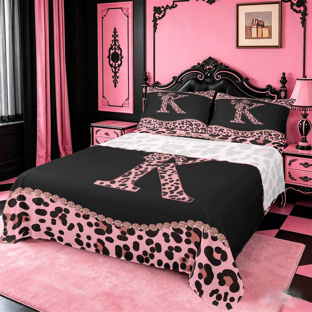 meiyoeat Classic Cheetah Print Full Size Sheets For Kids,Pink Bow Initial Letter K Bed Sheets For Girls,4pcs