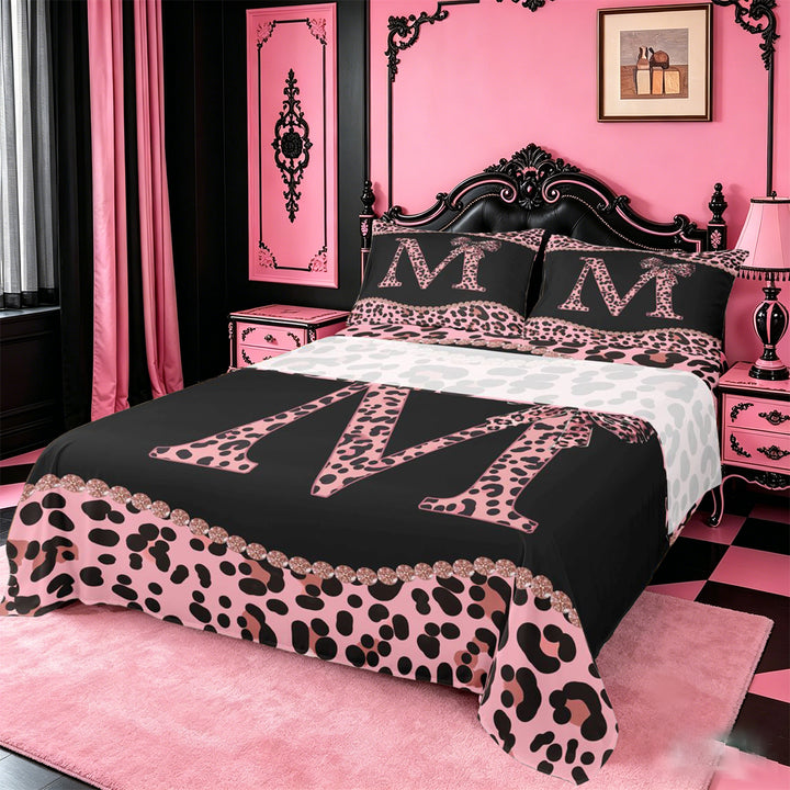 meiyoeat Pink Coquette Bowknot Full Size Sheets For Leopard Bow Lover,Kids Personalized Initial M Bed Sheets,4 Pieces