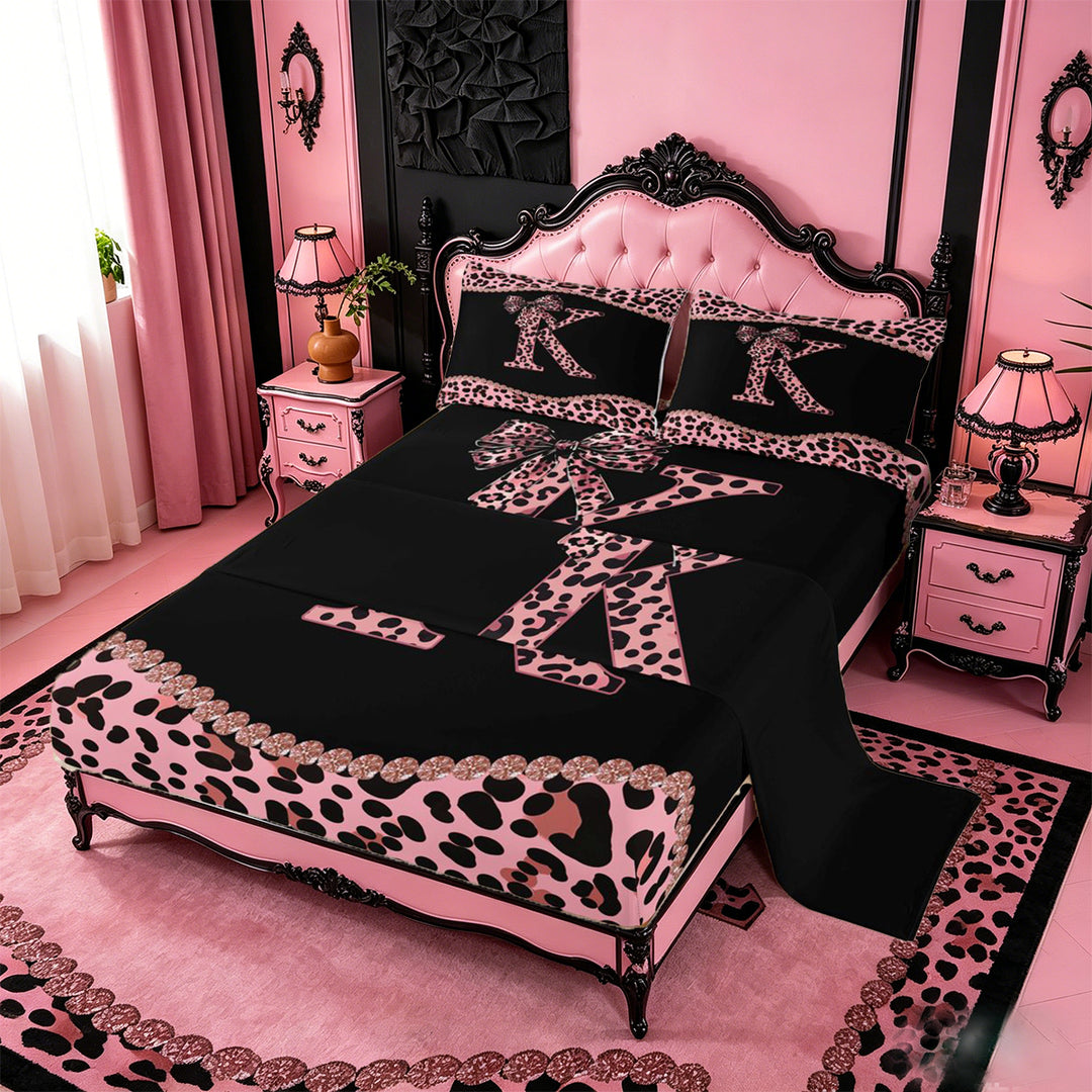 meiyoeat Classic Cheetah Print Full Size Sheets For Kids,Pink Bow Initial Letter K Bed Sheets For Girls,4pcs