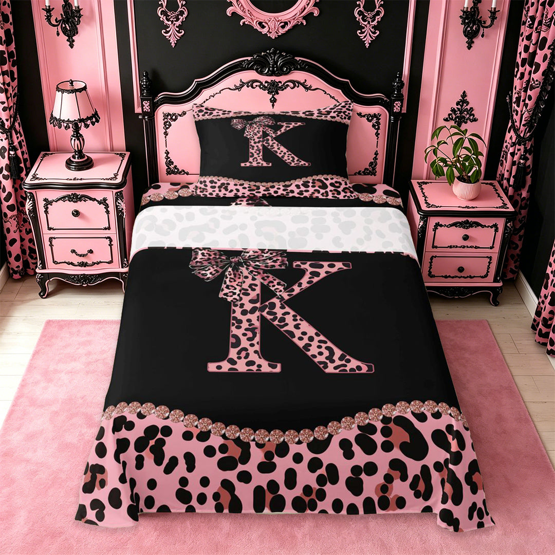 meiyoeat Classic Cheetah Print Full Size Sheets For Kids,Pink Bow Initial Letter K Bed Sheets For Girls,4pcs