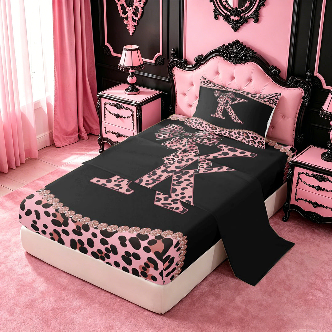 meiyoeat Classic Cheetah Print Full Size Sheets For Kids,Pink Bow Initial Letter K Bed Sheets For Girls,4pcs